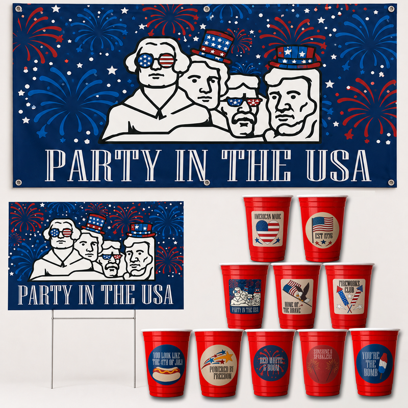 Block Party Blowout banner, yard sign and cup stickers